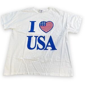 Vintage I Love USA Shirt Adult L‎ White Short Sleeve  9/11 Delta Red Square Logo